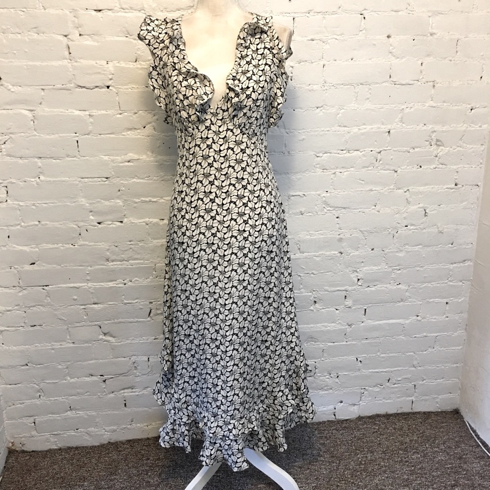 Zimmermann silk flutter sleeve midi dress black & white floral size 2 ruffles